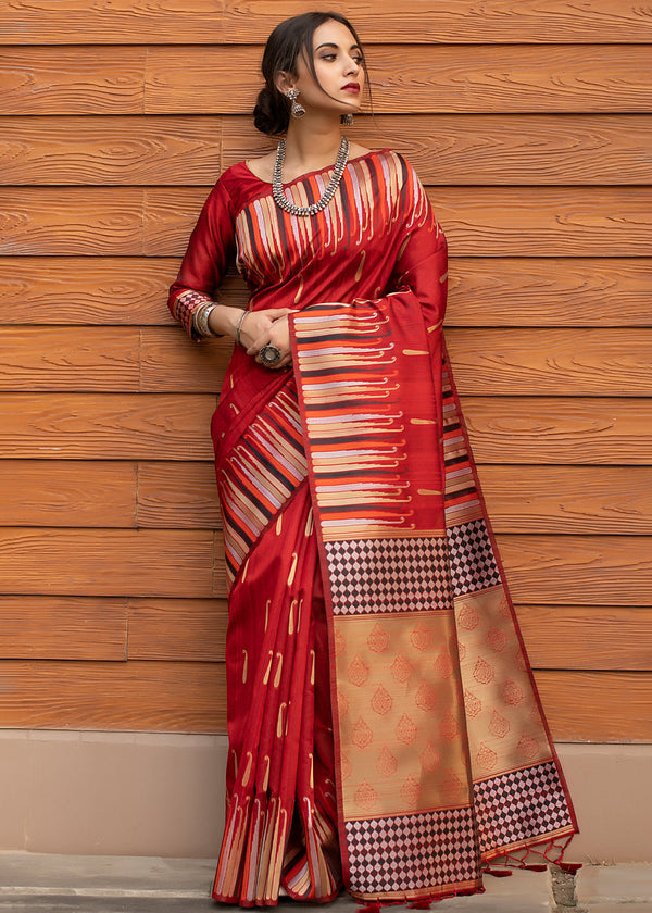 Cognac Red Tussar Raw Silk Saree