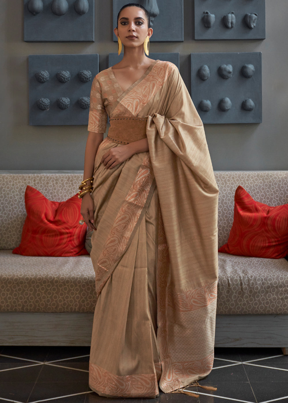 Buy MySilkLove Mongoose Brown Woven Brocade Tussar Silk Saree Online