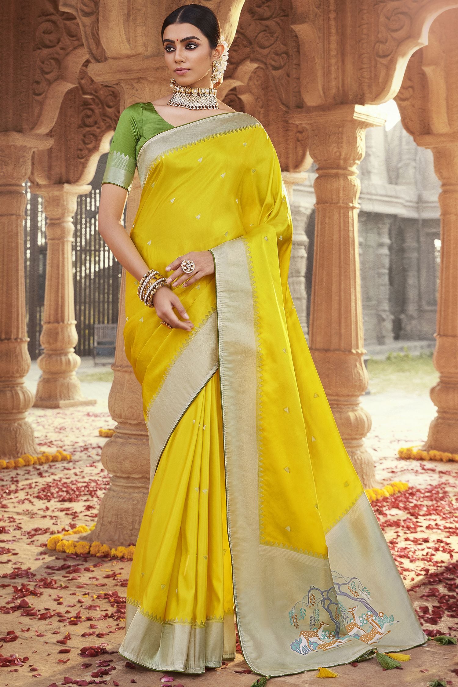 Buy MySilkLove Sunflower Yellow Designer Banarasi Satin Silk Saree Online