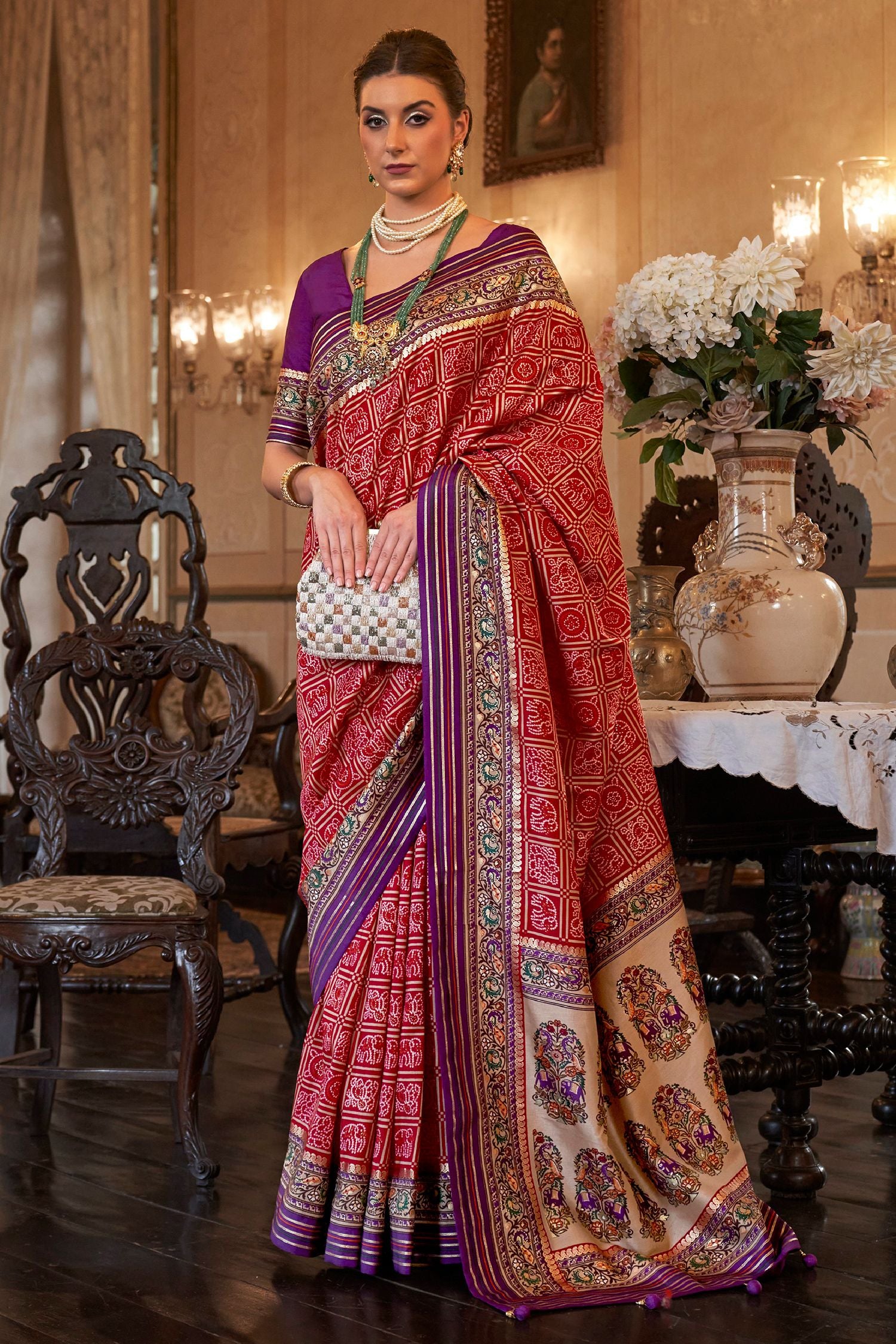 Buy MySilkLove Mexican Red and Purple Printed Patola Silk Saree Online