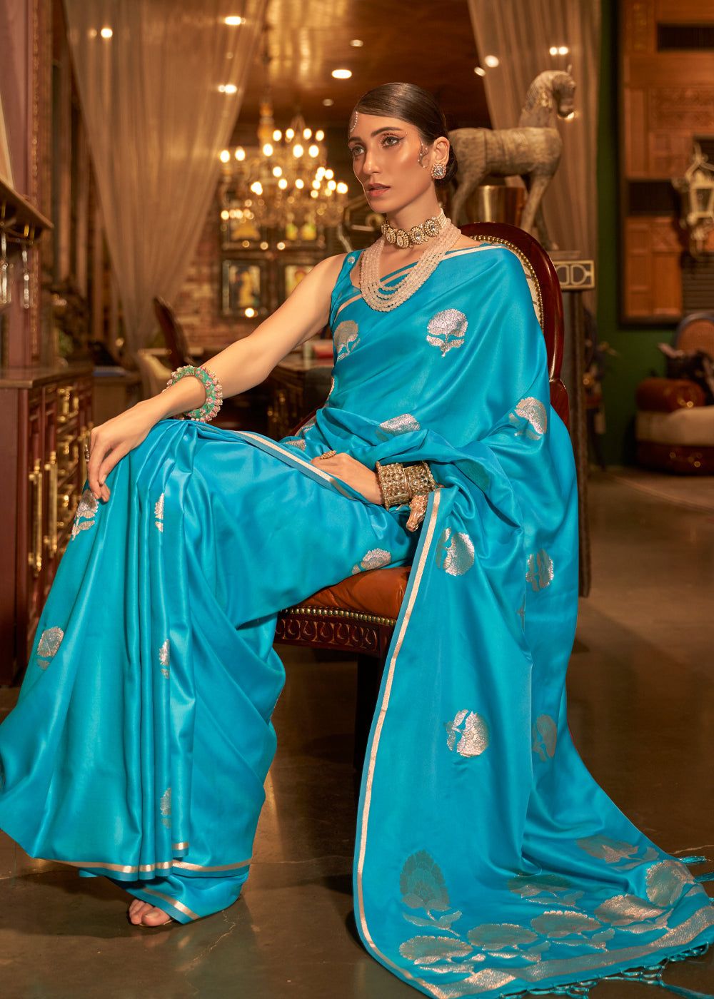 Buy MySilkLove Bondi Blue Woven Banarasi Satin Silk Saree Online