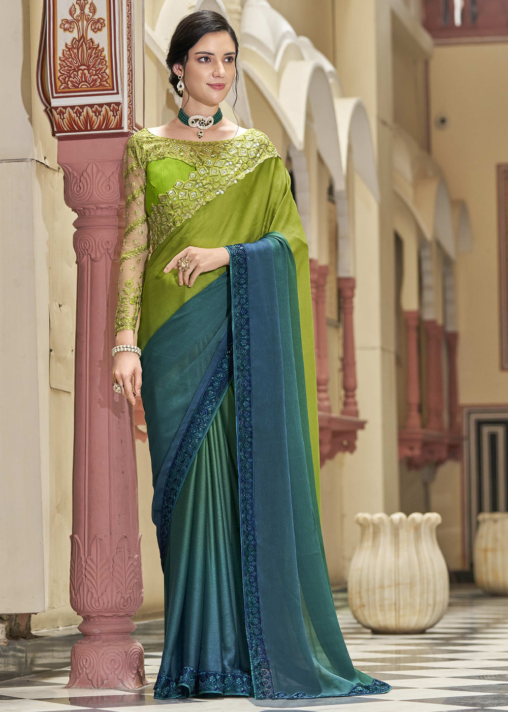 Buy MySilkLove Barley Corn Blue and Green Woven Designer Silk Saree Online