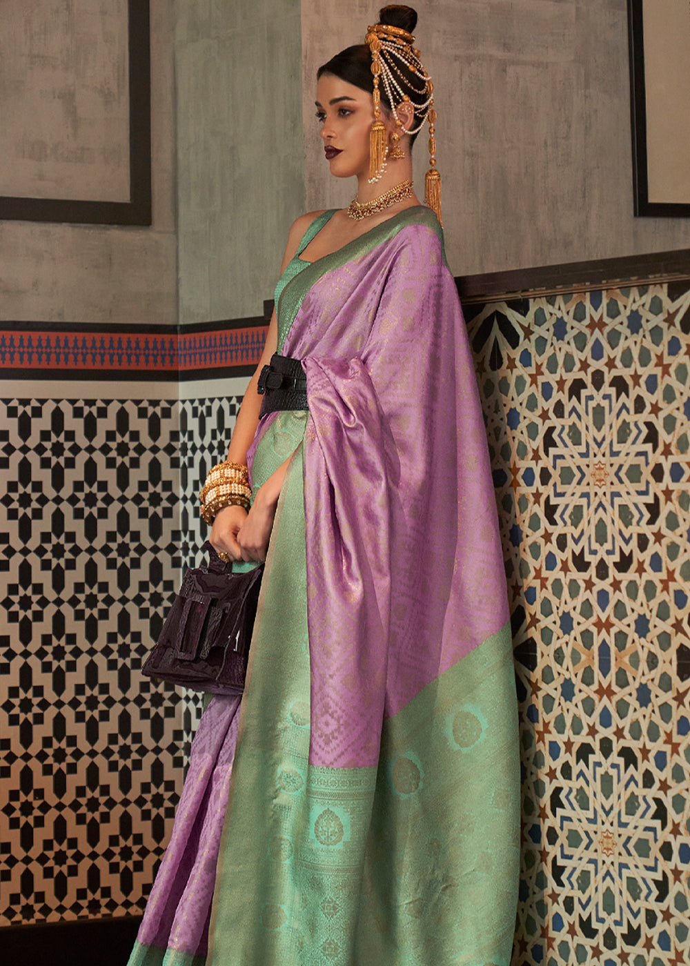 Buy MySilkLove Strikemaster Purple and green Banarasi Woven Silk Saree Online