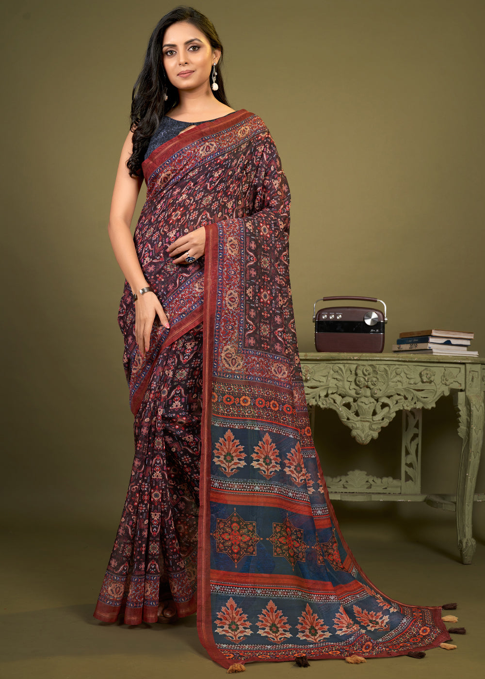 Buy MySilkLove Outer Blue and brown Cotton Patola Printed Silk Saree Online