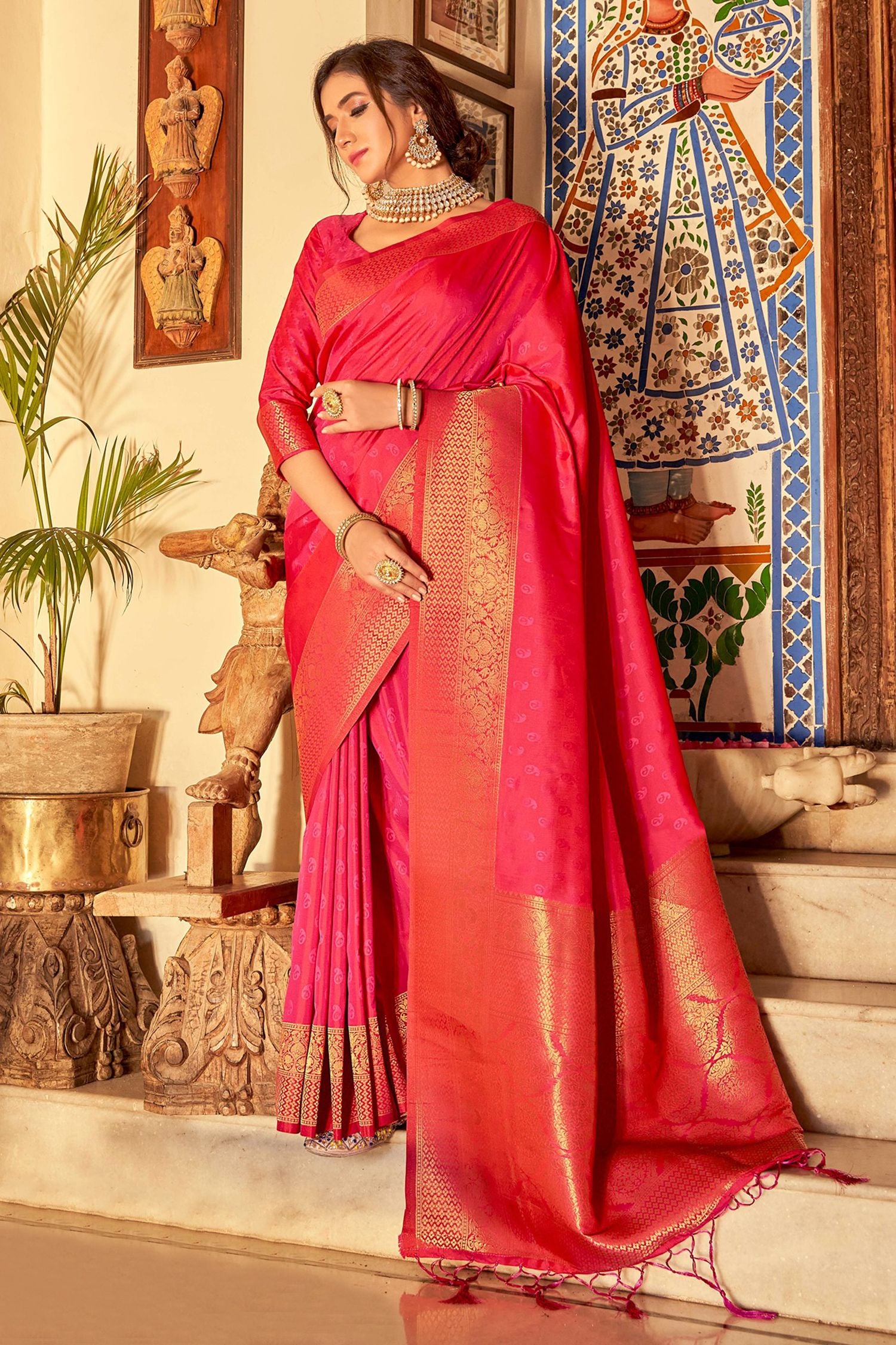 Buy MySilkLove Fiery Rose Pink Woven Banarasi Silk Saree Online