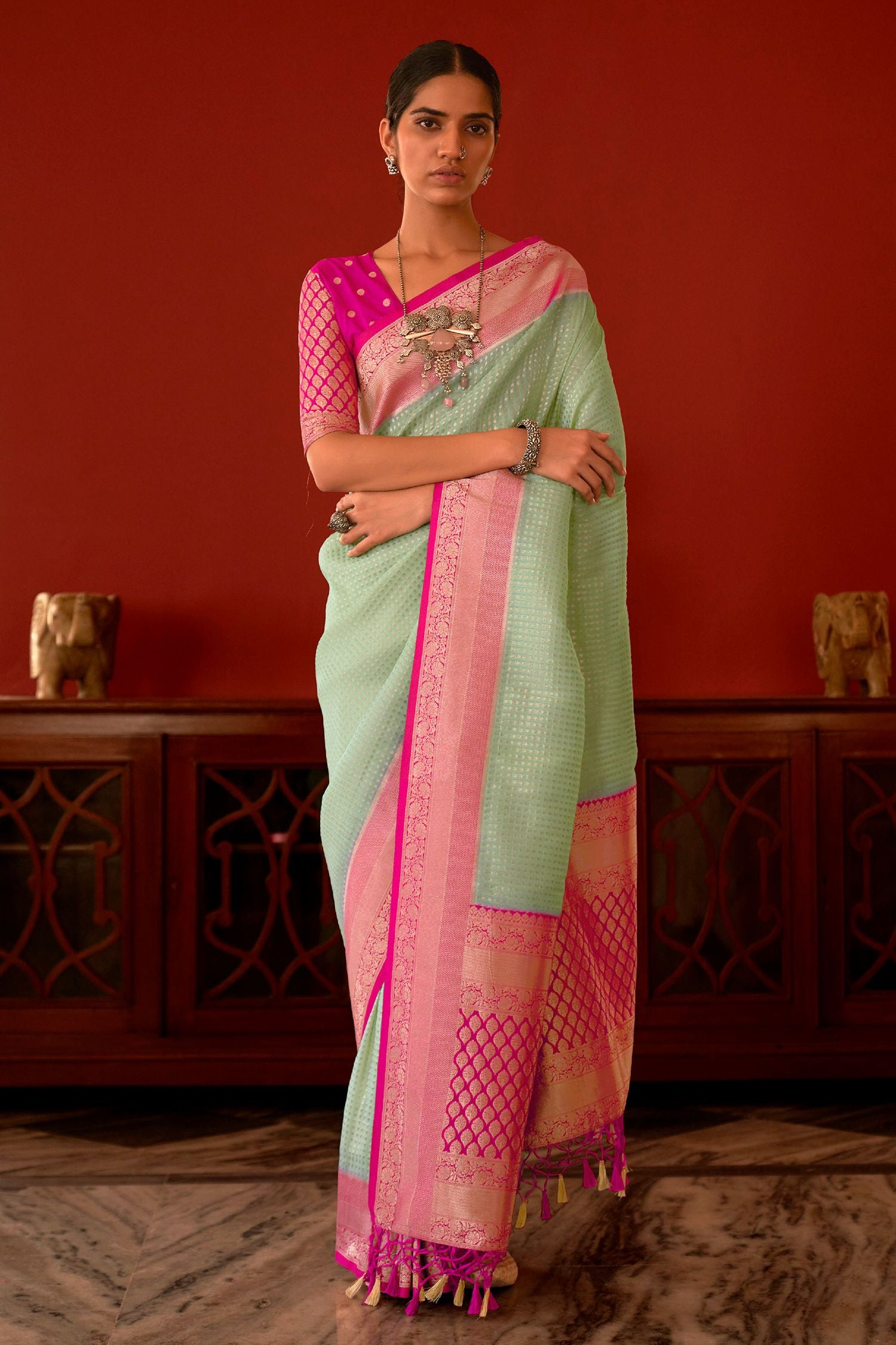 Buy MySilkLove Locust Green and Pink Woven Banarasi Woven Silk Saree Online