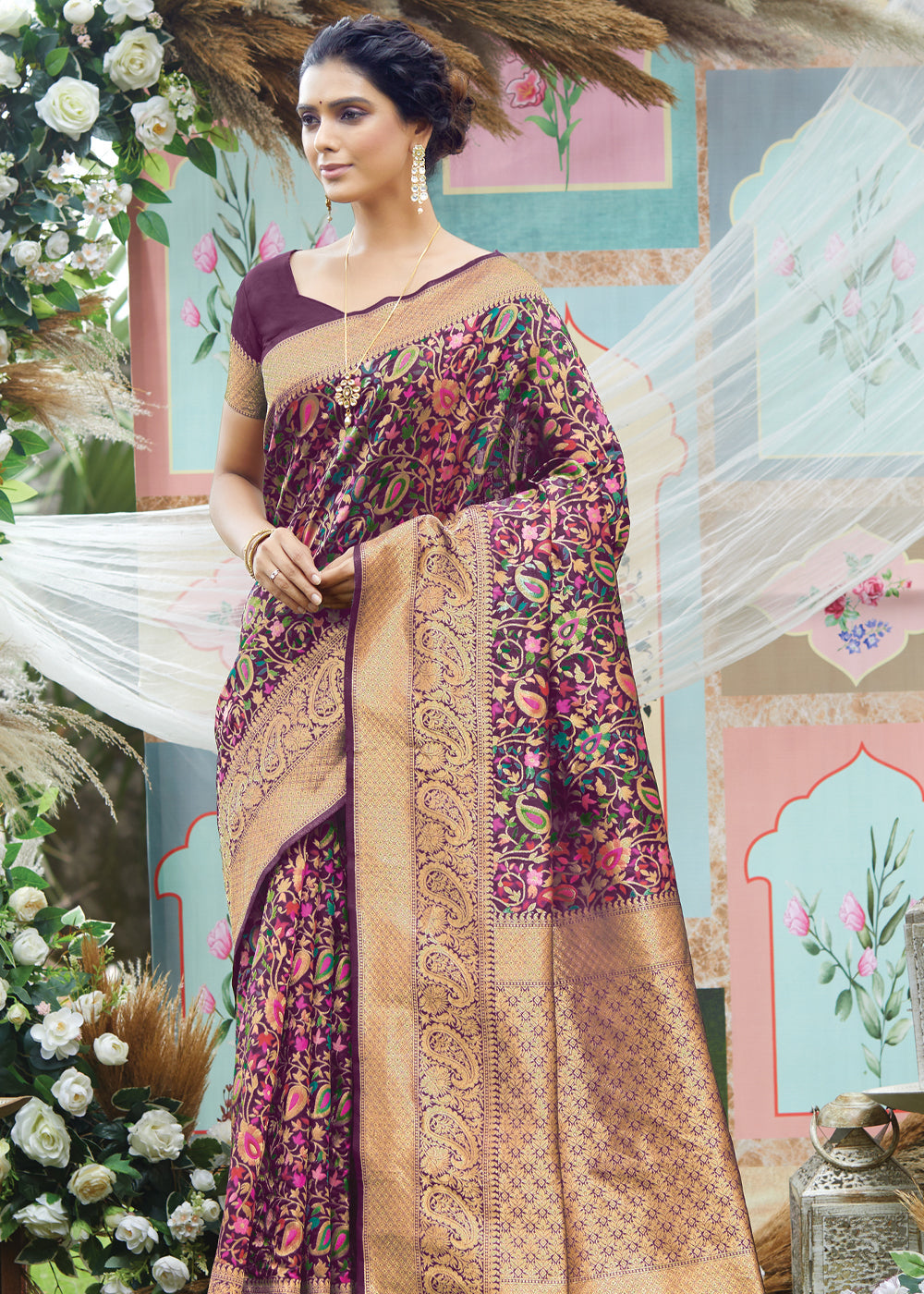 Buy MySilkLove Copper Rose Purple Woven Banarasi Saree with Kashmiri Print Online