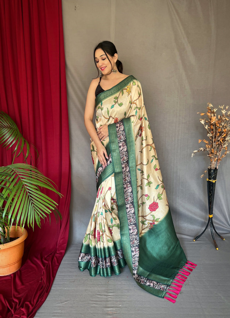 Wheat Cream and Green Banarasi Kalamkari Printed Silk Saree – MySilkLove