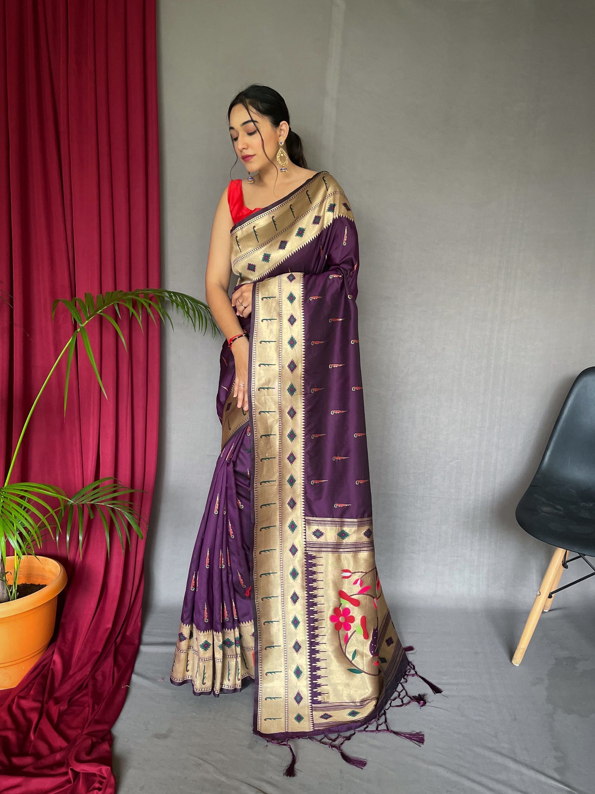 Buy MySilkLove Razzmic Berry Purple Muniya Paithani Woven Silk Saree Online