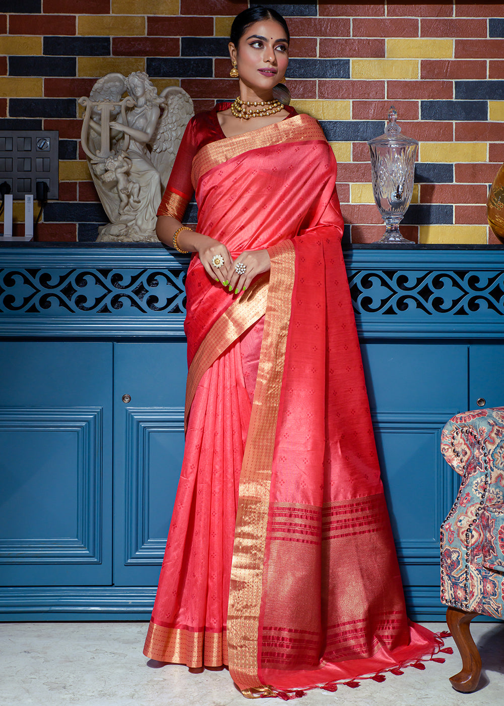 Buy MySilkLove Salmon Pearl Pink Woven Raw Silk Saree Online