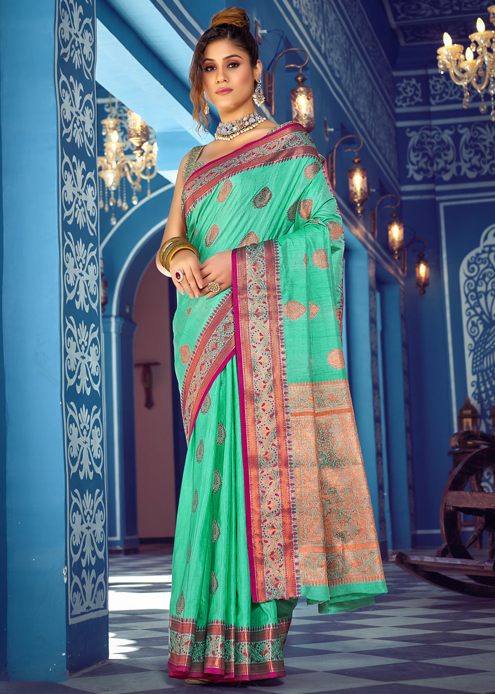 Buy MySilkLove Riptide Green Woven Banarasi Silk Saree Online