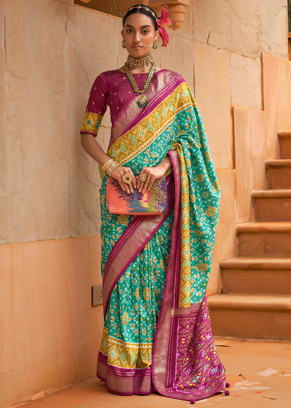 Buy MySilkLove Envy Green Woven Patola Silk Saree Online