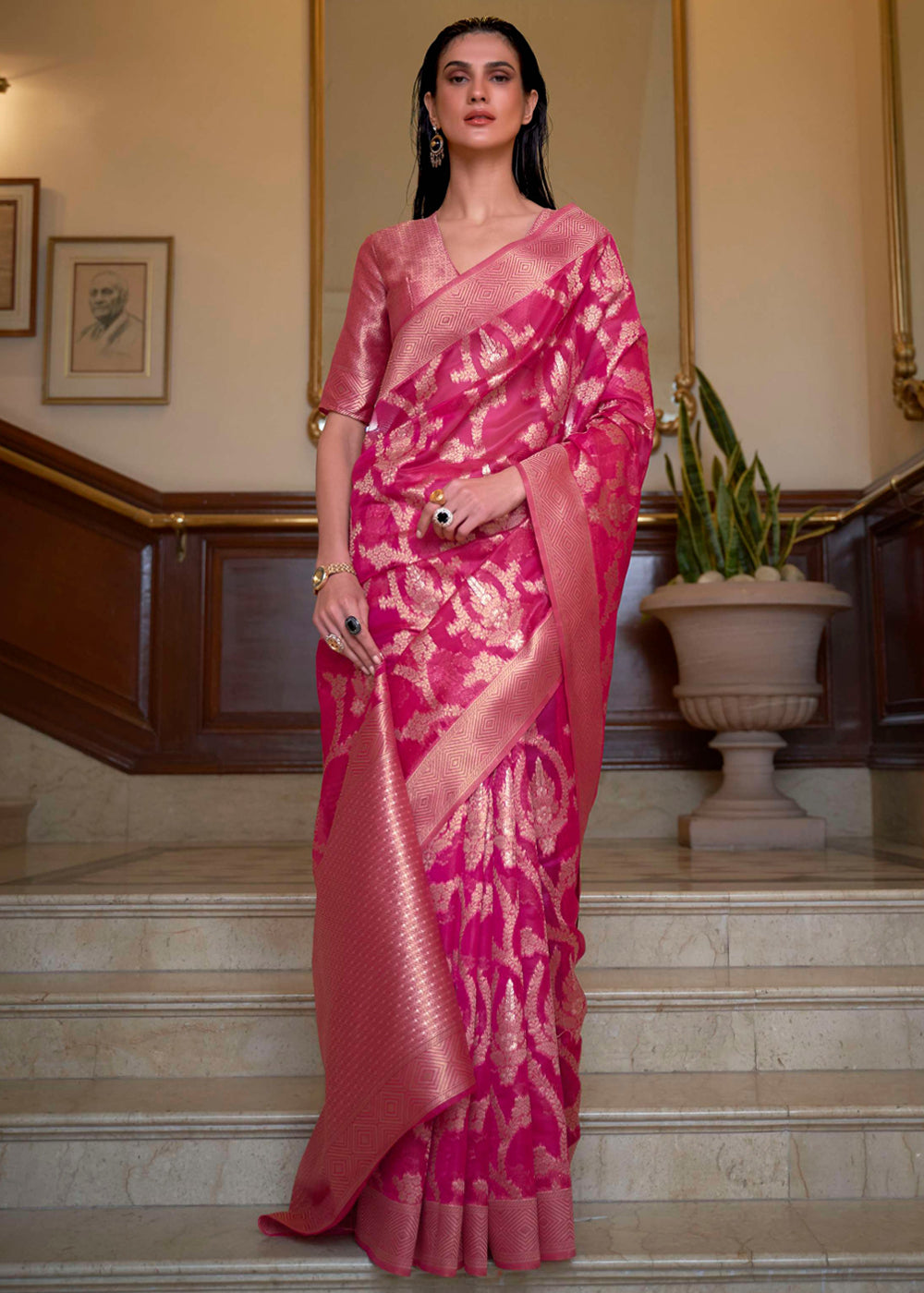 Buy MySilkLove Cadillac Pink Woven Organza Banarasi Silk Saree Online