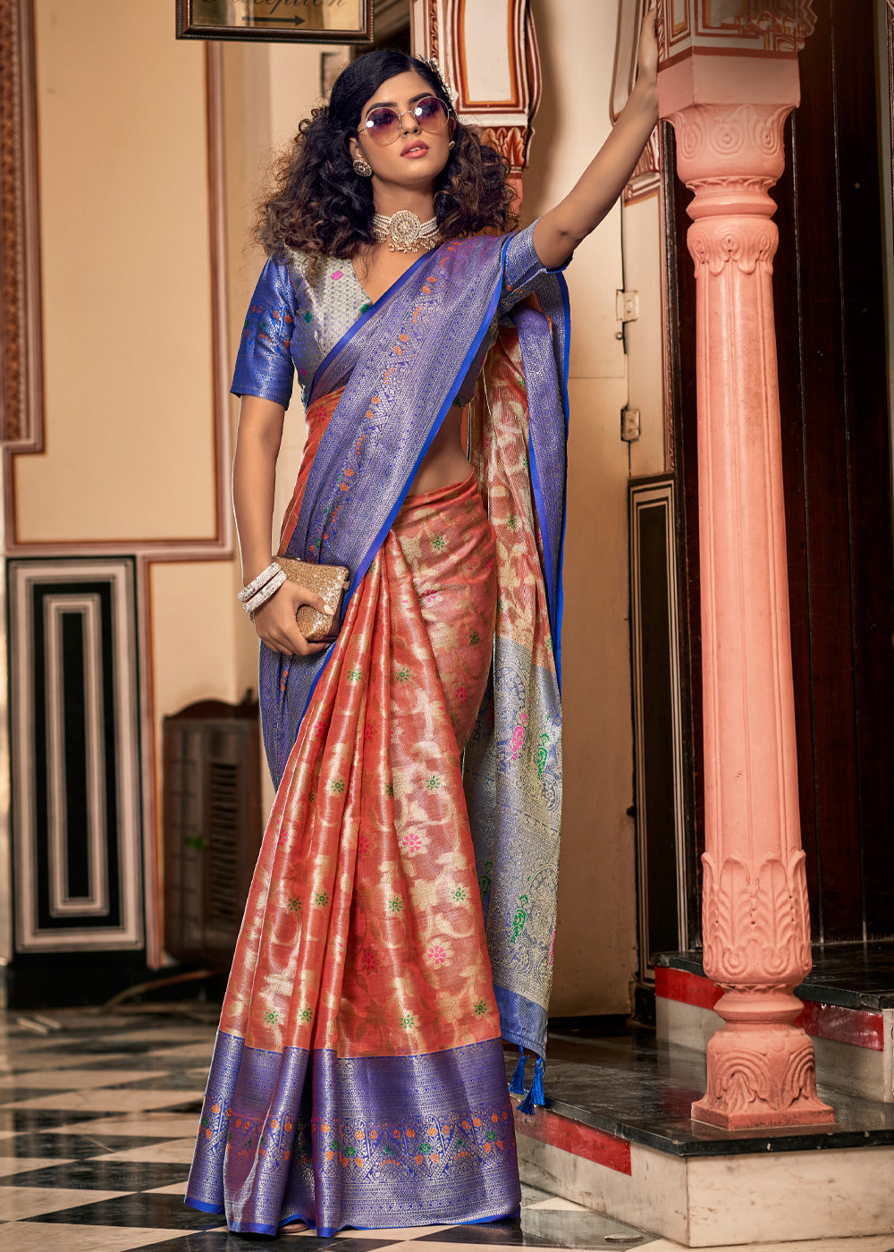 Buy MySilkLove Japonica Pink and Blue Woven Banarasi Organza Silk Saree Online