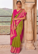 Alpine Green and Pink Woven Kanjivram Silk Saree