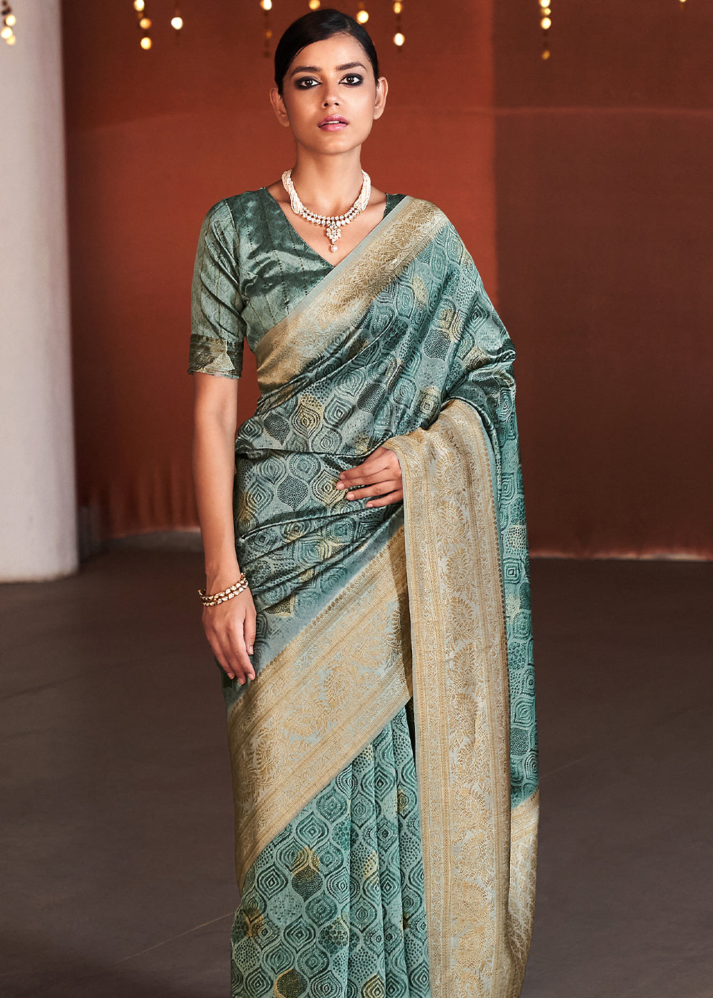 Buy MySilkLove Cascade Blue Banarasi Woven Printed Silk Saree Online