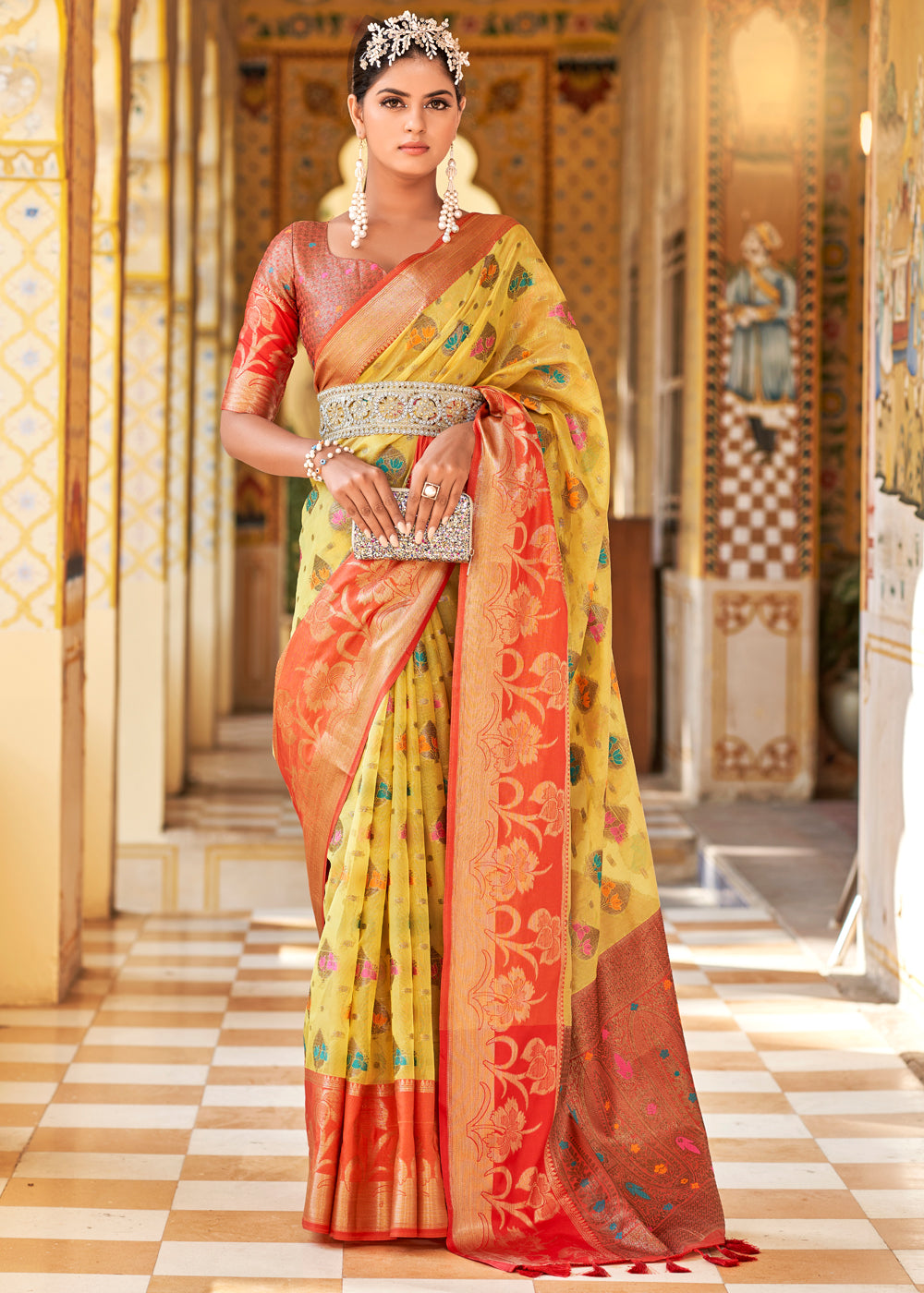 Ronchi Yellow and Red Banarasi Tissue Woven Silk Saree