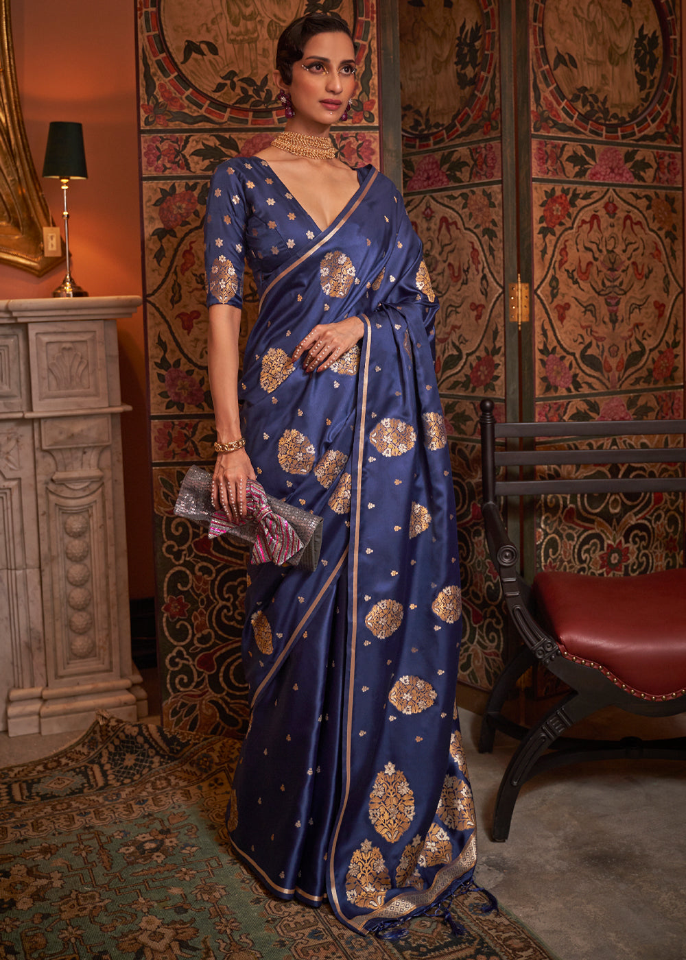 Buy MySilkLove Amethyst Blue Woven Satin Silk Saree Online