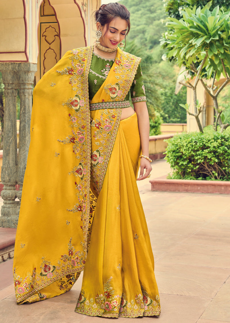 Yellow Embroidery Fancy Organza Designer saree with striped body,  embroidery border