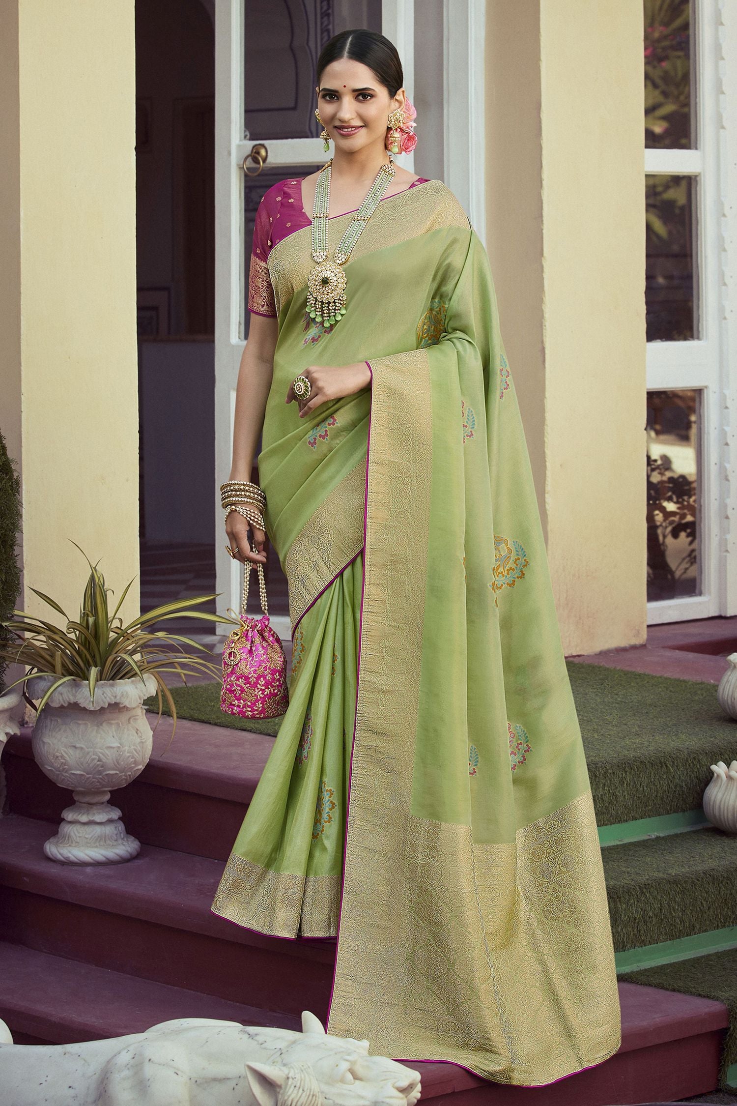 Misty Moss Green Woven Designer Banarasi Silk Saree
