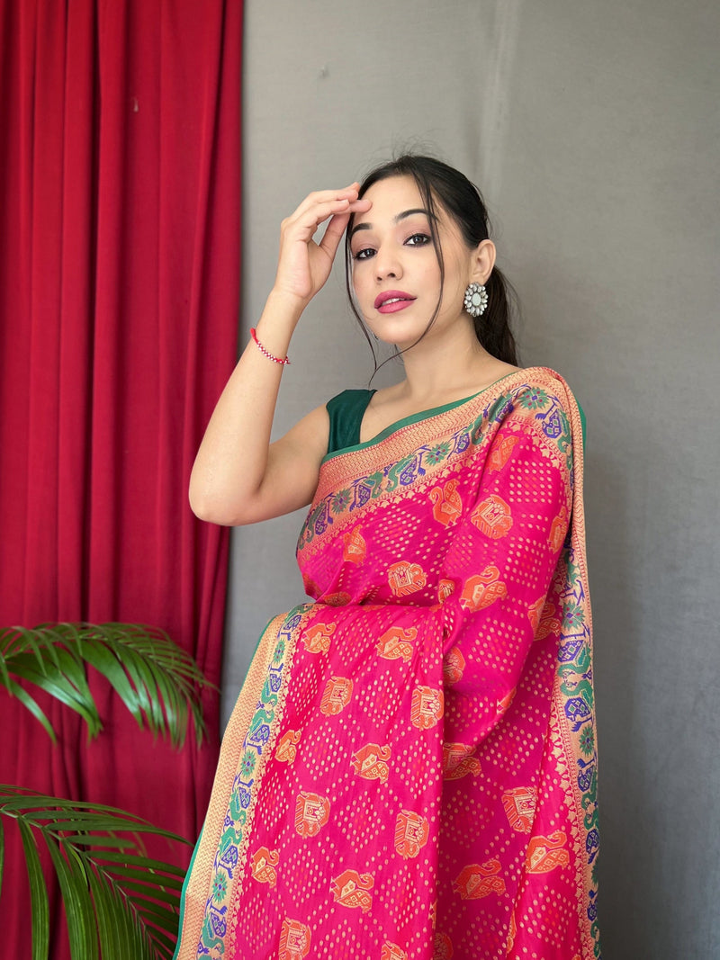 FUSCHIA BANDHANI RARA DRAPED SAREE WITH GOTA CROP TOP AND BELT –  palakandmehak