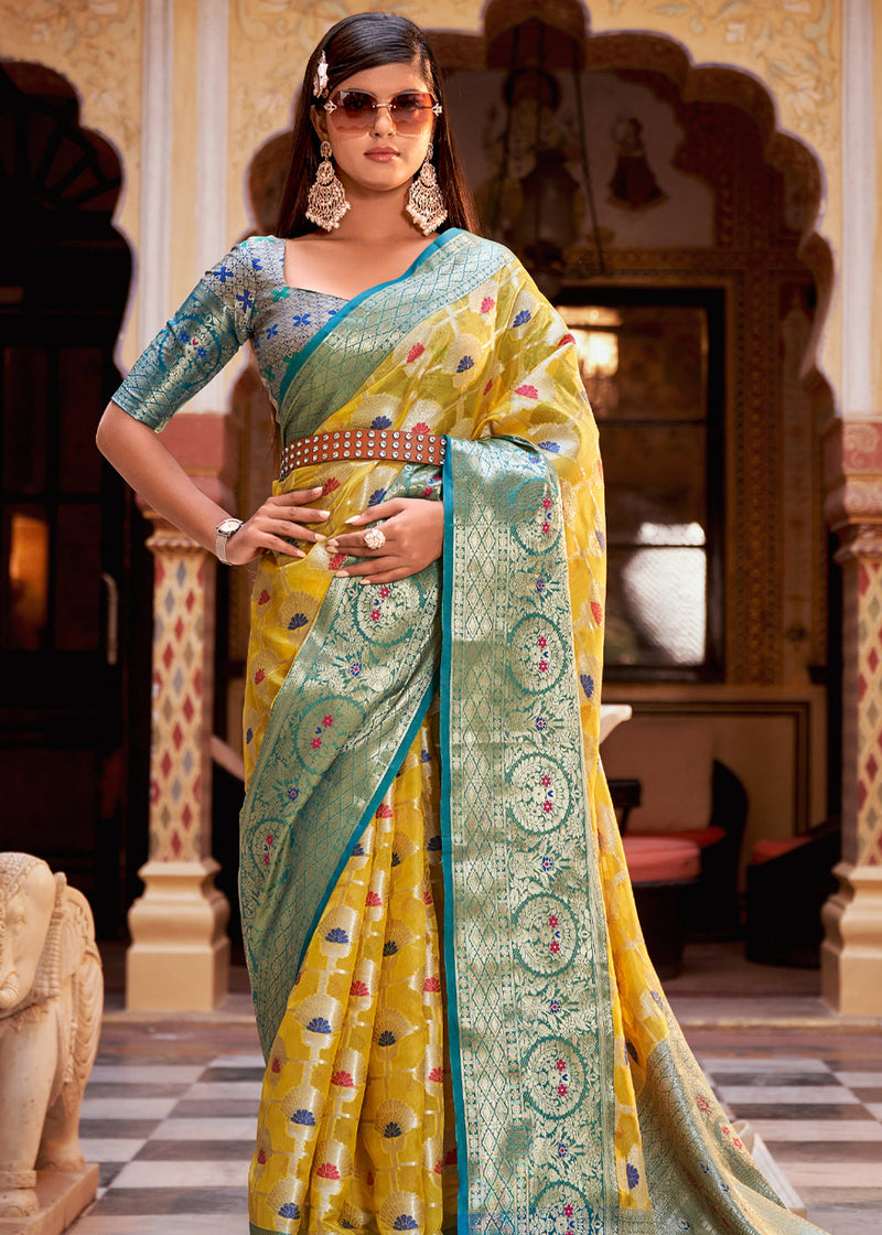 Yellow Soha Banarasi Silk Saree – Zariknyaa