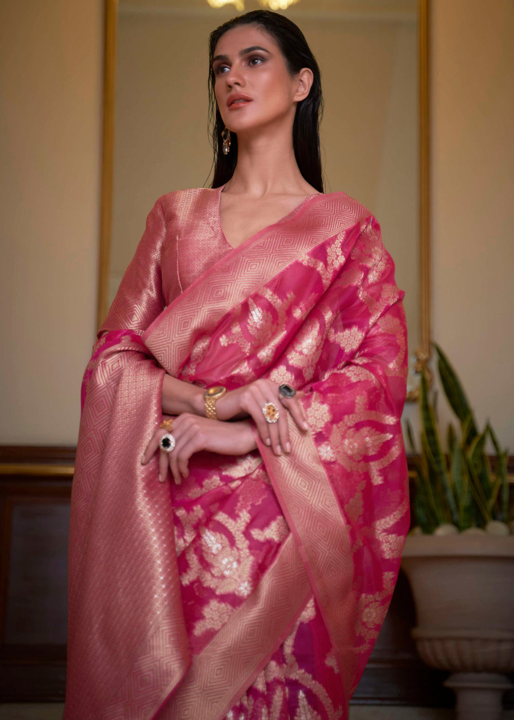 MySilkLove Cadillac Pink Woven Organza Banarasi Silk Saree