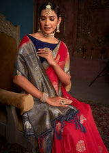 Persimmon Red and Blue Woven Banarasi Silk Saree
