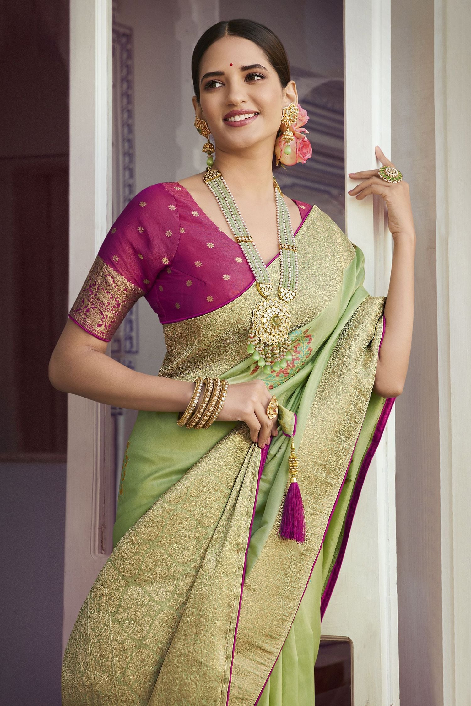 MySilkLove Misty Moss Green Woven Designer Banarasi Silk Saree