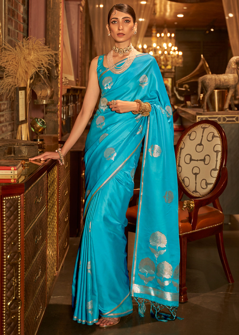 Buy MySilkLove Bondi Blue Woven Banarasi Satin Silk Saree Online