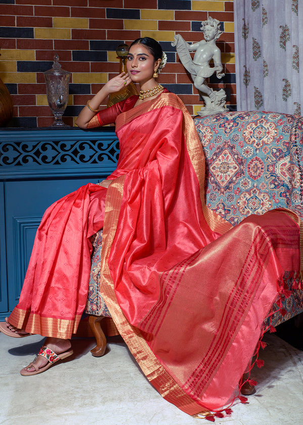Salmon Pearl Pink Woven Raw Silk Saree