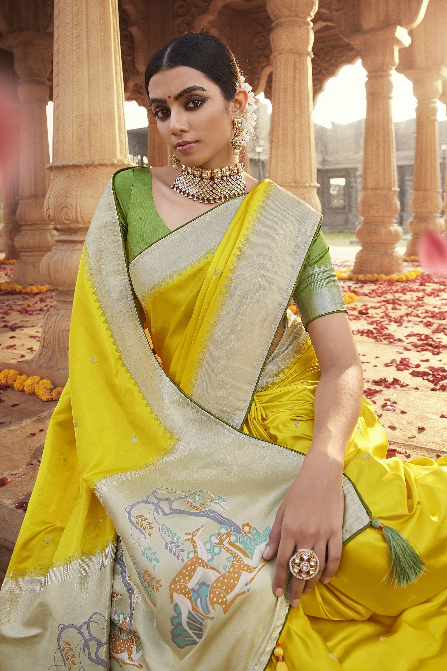 MySilkLove Sunflower Yellow Designer Banarasi Satin Silk Saree