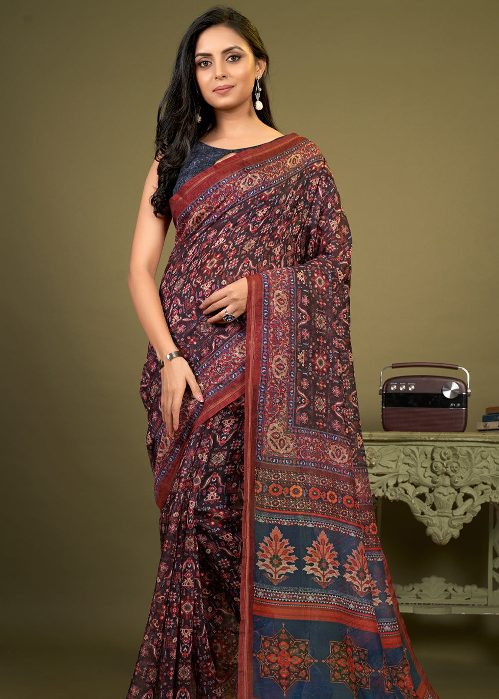 MySilkLove Outer Blue and brown Cotton Patola Printed Silk Saree