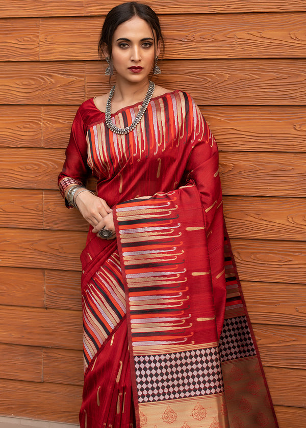 Cognac Red Tussar Raw Silk Saree