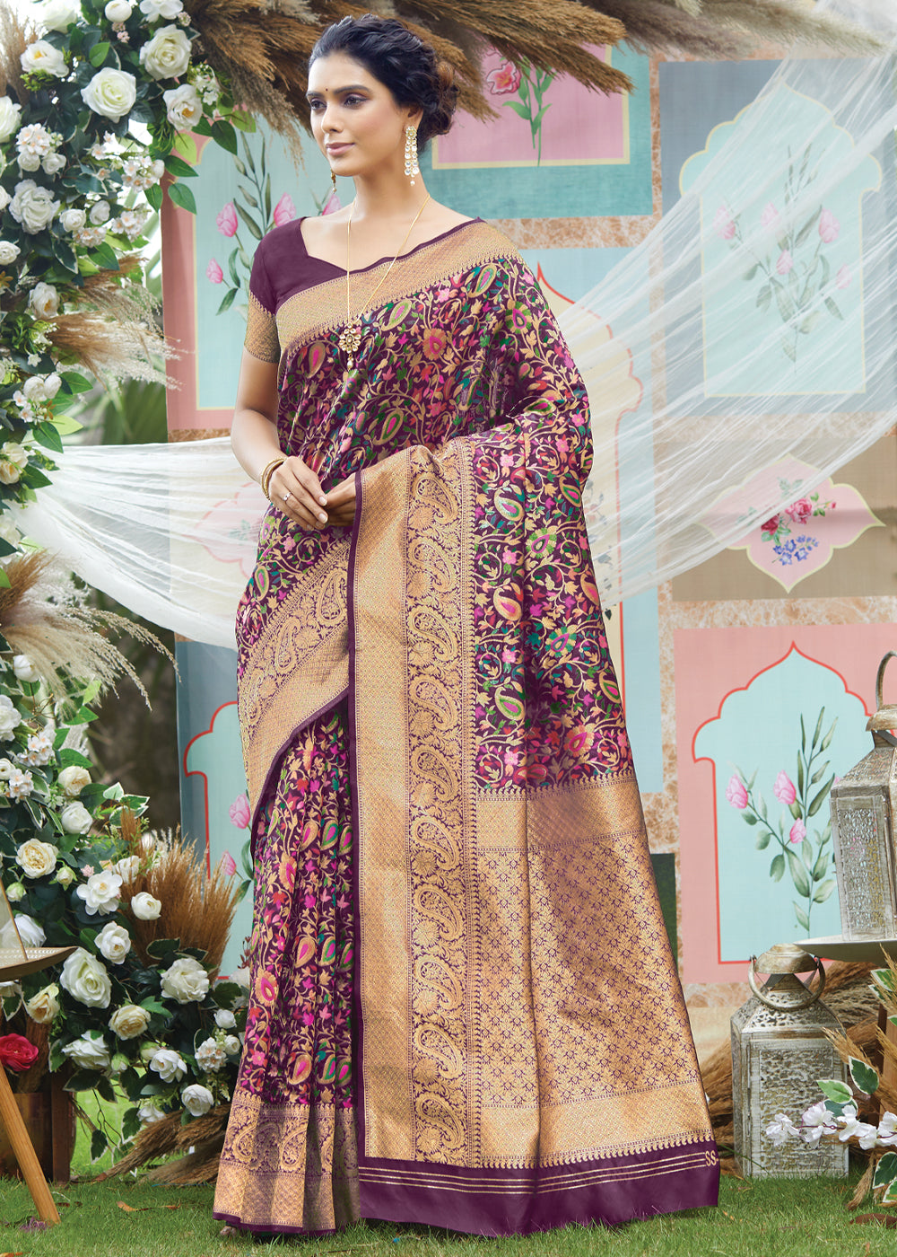 Buy MySilkLove Copper Rose Purple Woven Banarasi Saree with Kashmiri Print Online