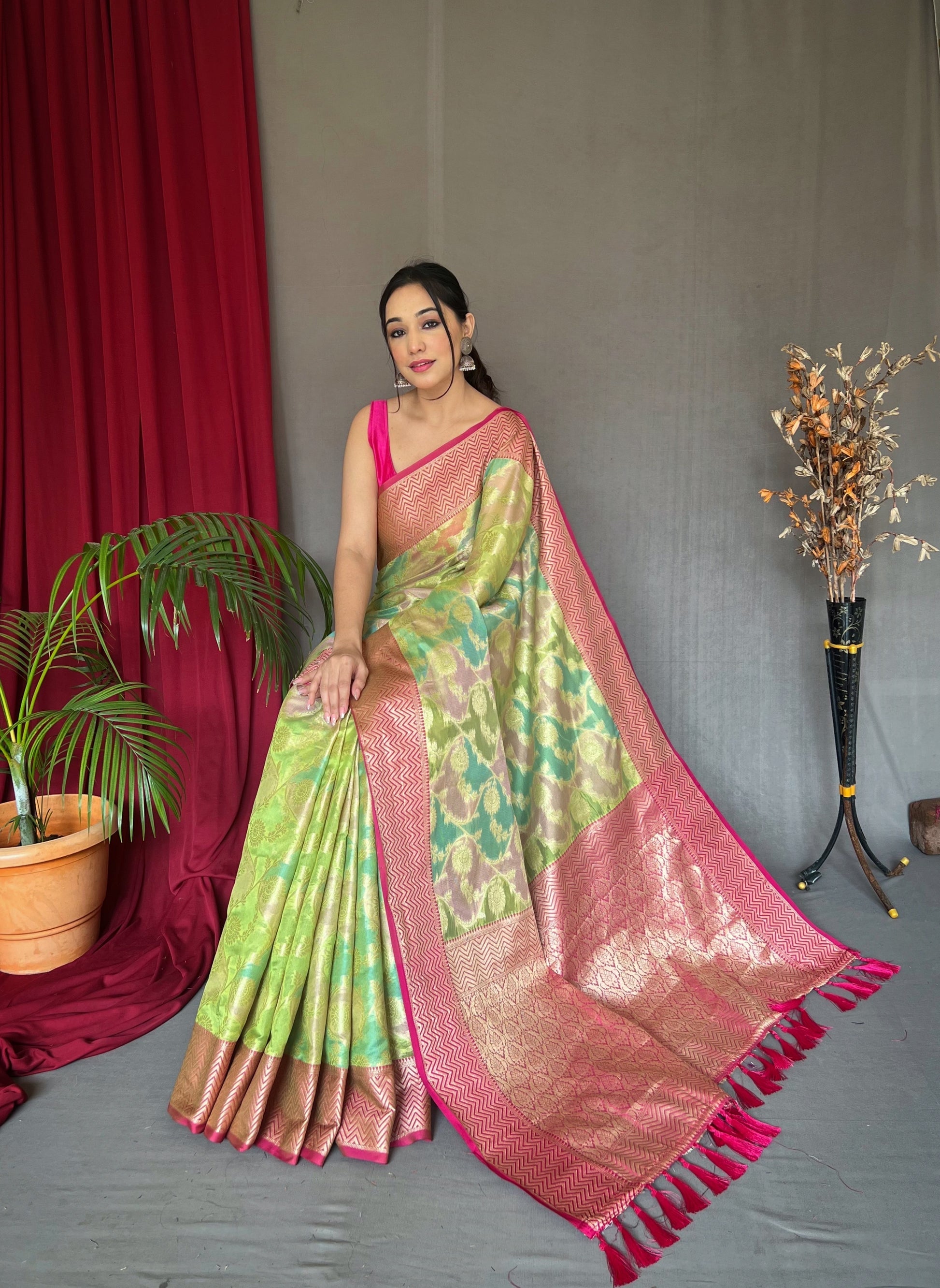 Buy MySilkLove Primrose Green Woven Organza Silk Saree Online