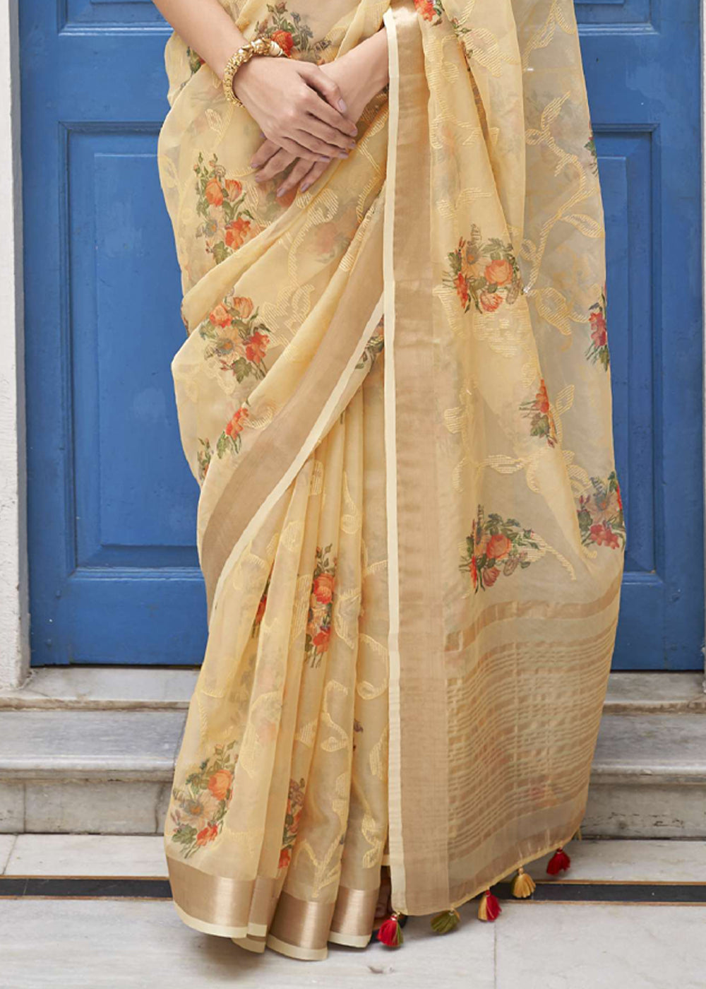 Buy MySilkLove New Orleans Cream Digital Print Organza Silk Saree Online