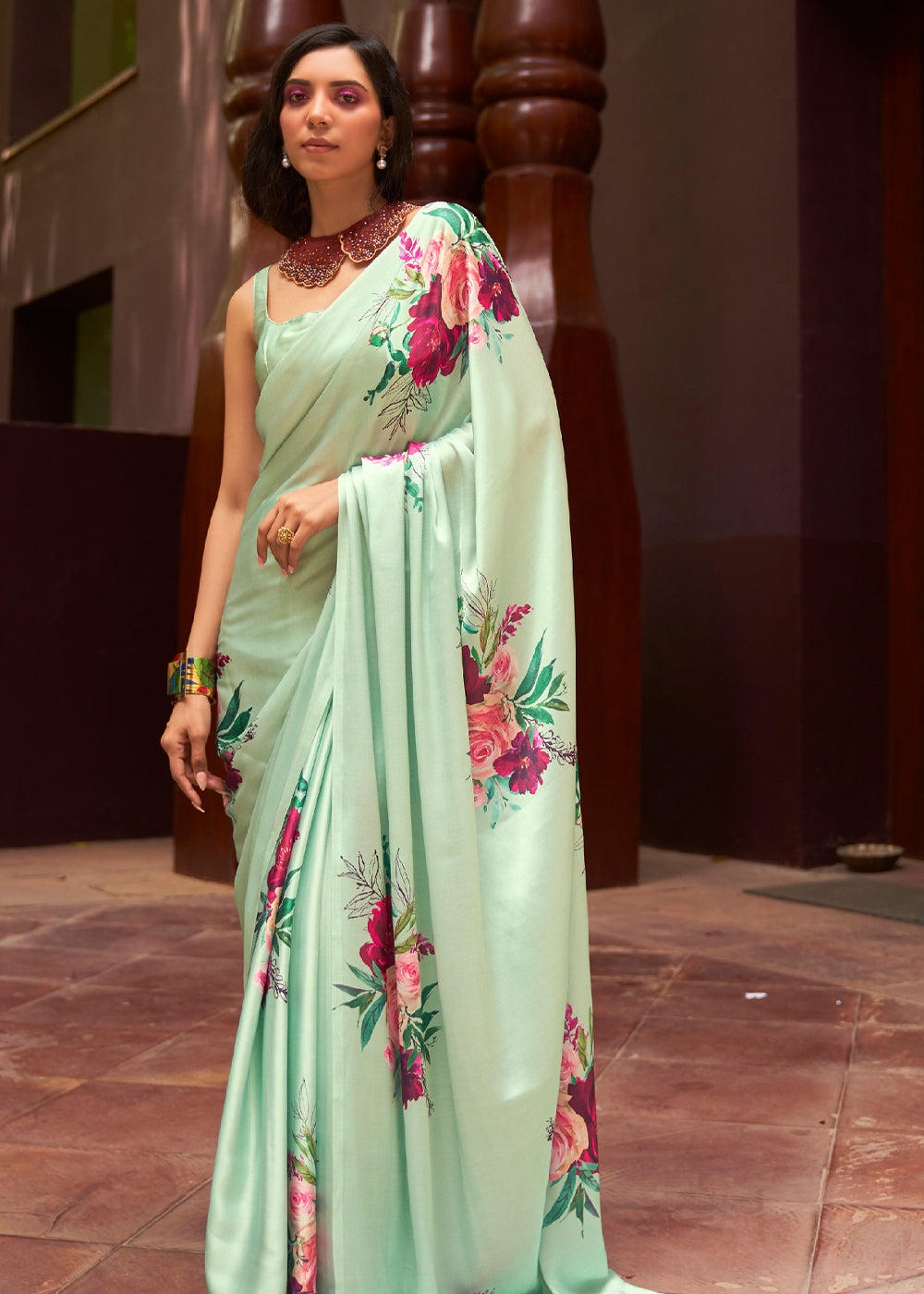Buy MySilkLove Swamp Green Floral Printed Satin Silk Saree Online