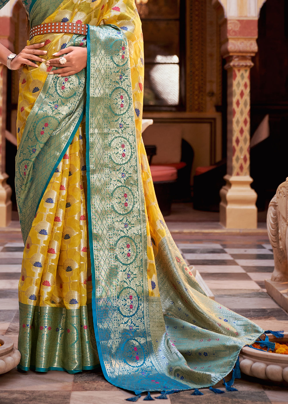 Buy MySilkLove Laser Yellow Banarasi Tissue Woven Silk Saree Online