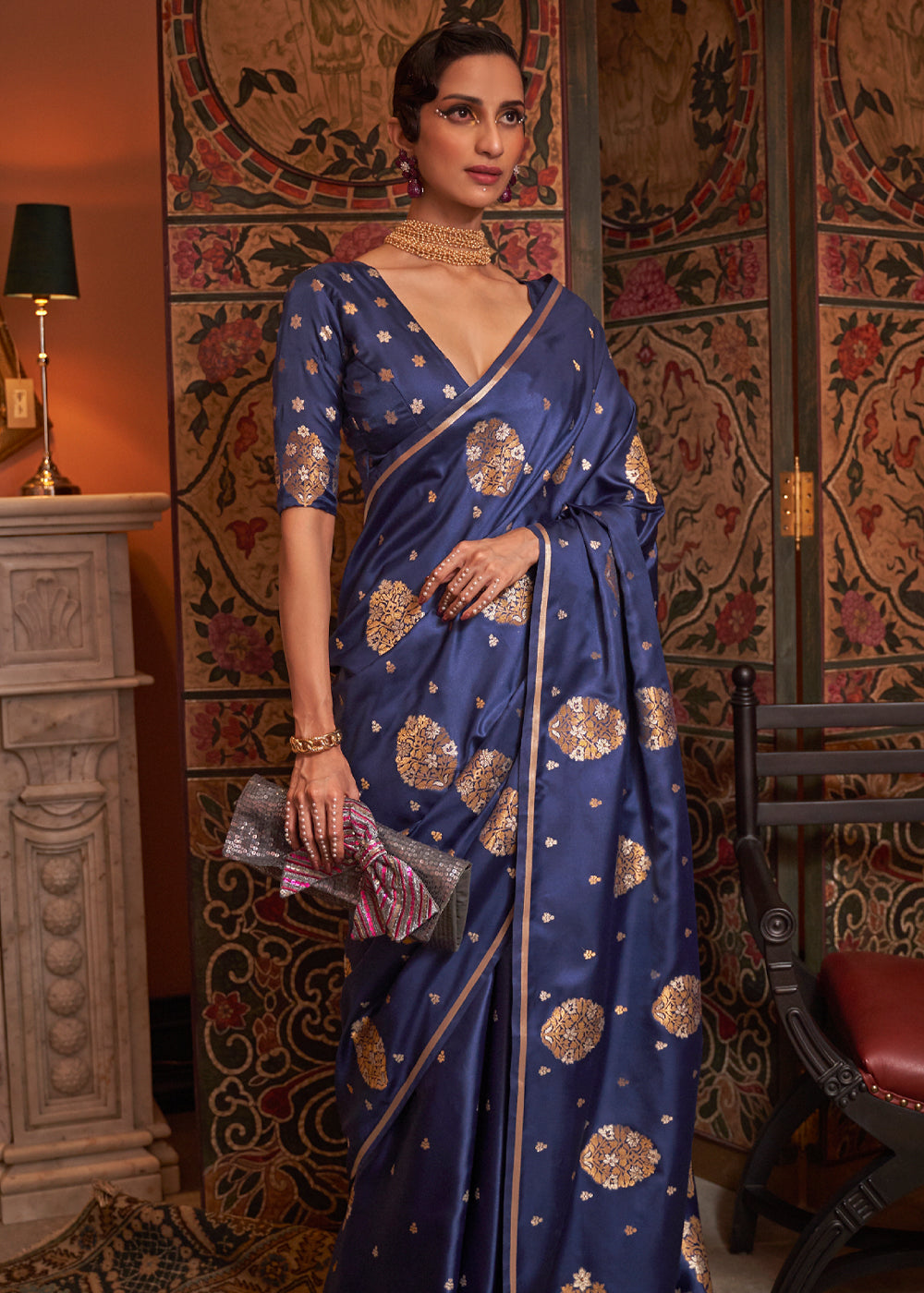 Buy MySilkLove Amethyst Blue Woven Satin Silk Saree Online