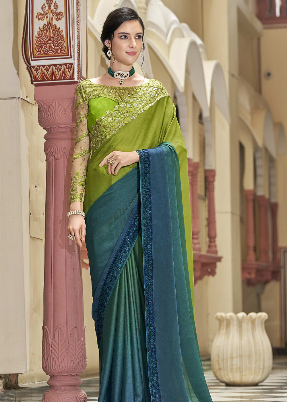 Buy MySilkLove Barley Corn Blue and Green Woven Designer Silk Saree Online