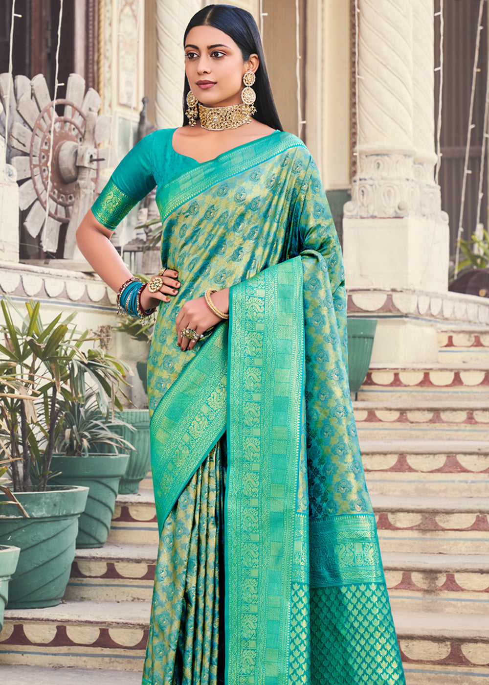 Buy MySilkLove Ocean Green Pearl Woven Kanjivaram Silk Saree Online