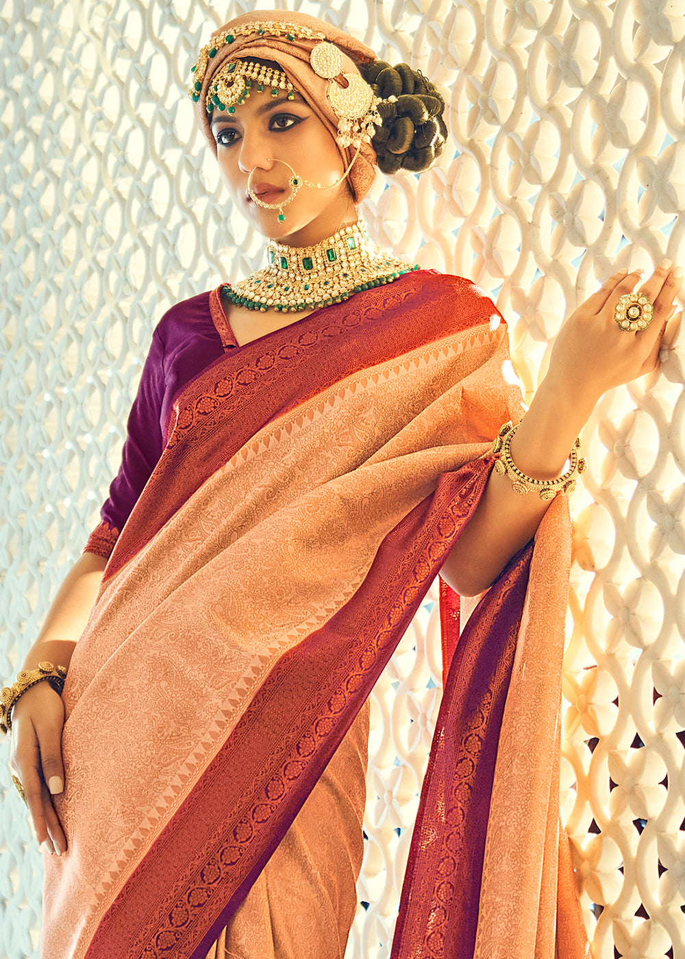 Buy MySilkLove Tan Peach Woven Kanjivaram Silk Saree Online