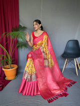 Salomie Yellow and Pink Kalamkari Saree