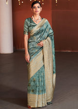 Cascade Blue Banarasi Woven Printed Silk Saree