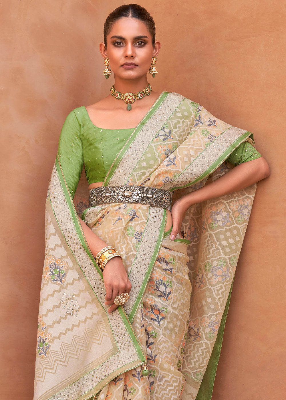 Buy MySilkLove Green and Brown Patola Printed Tissue Silk Saree Online