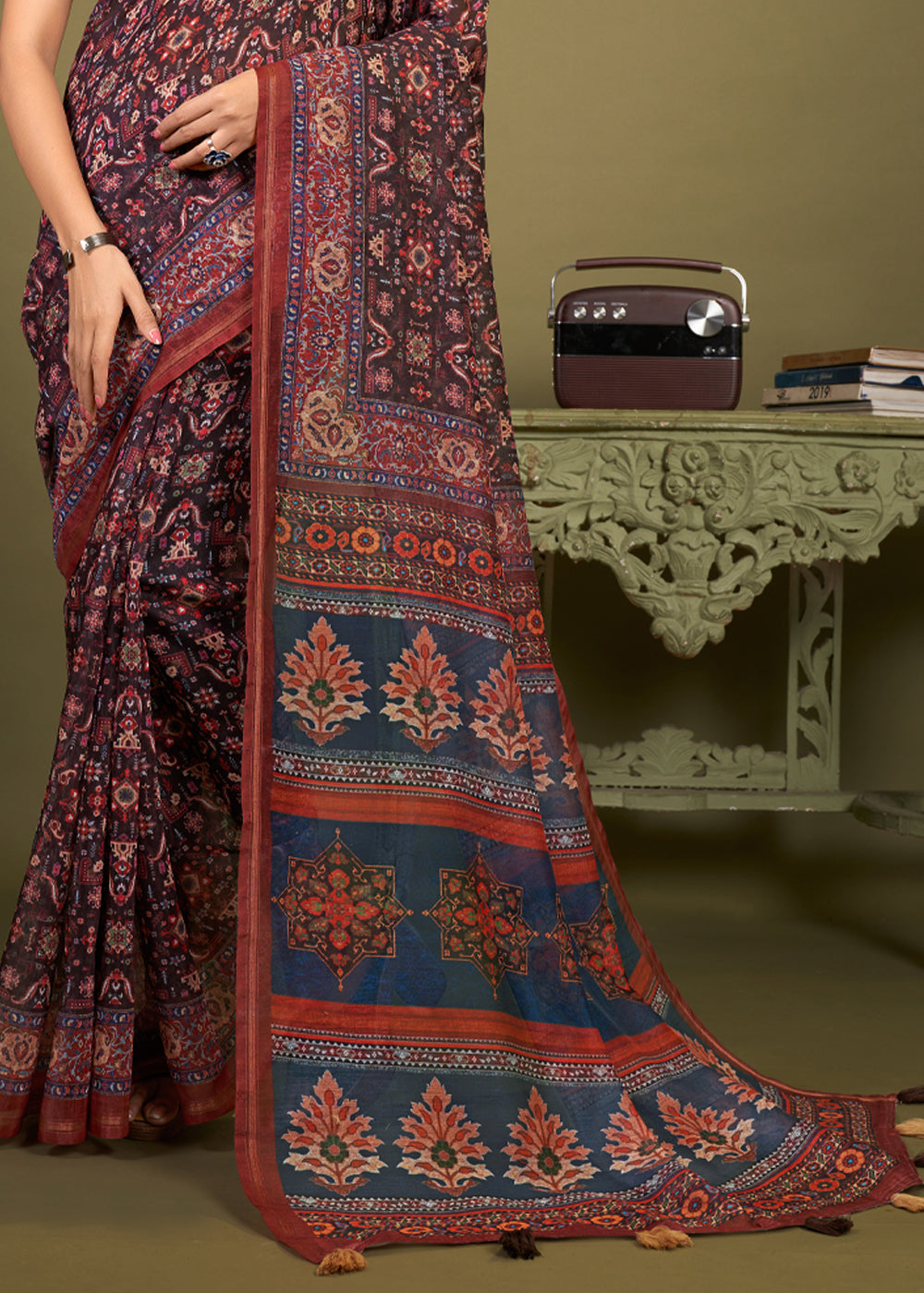 Buy MySilkLove Outer Blue and brown Cotton Patola Printed Silk Saree Online