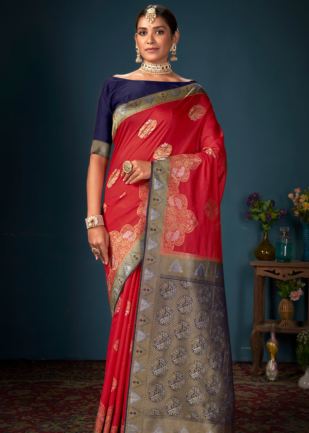 Buy MySilkLove Persimmon Red and Blue Woven Banarasi Silk Saree Online