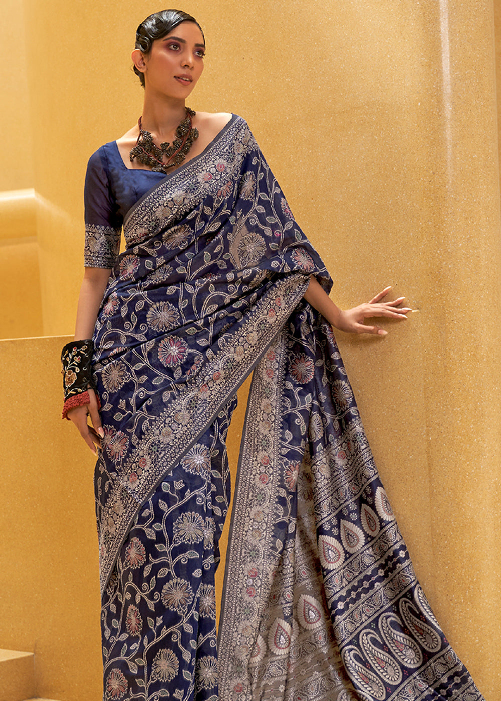 Buy MySilkLove Wine Blue Woven Lucknowi Banarasi Saree Online