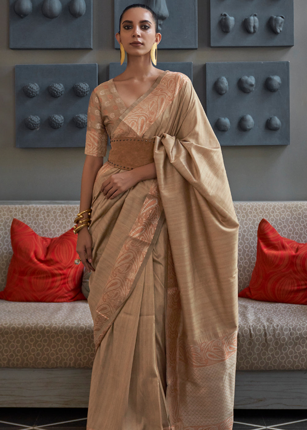 Buy MySilkLove Mongoose Brown Woven Brocade Tussar Silk Saree Online